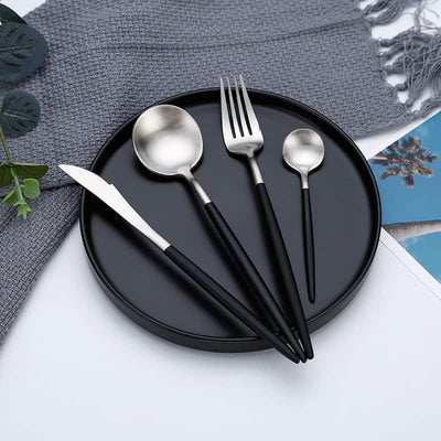 Silver and Black 24-Piece Dinnerware Cutlery Set | Flatware Sets | Metallic Cutlery Sets | Mint And Gold Cutlery | Stylish Cutlery | Modern Flatware | Elegant Flatware | Estilo Living