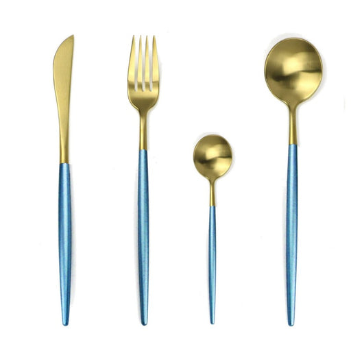 Gold and Sky Blue 24-Piece Dinnerware Cutlery Set | Flatware Sets | Metallic Cutlery Sets | Sky Blue And Gold Cutlery | Stylish Cutlery | Modern Flatware | Elegant Flatware | Estilo Living