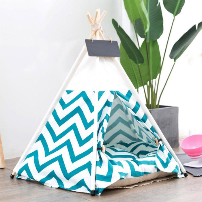 Green and White Chevron Pattern Modern Boho Dog Teepee with Plush Dog Bed Cushion