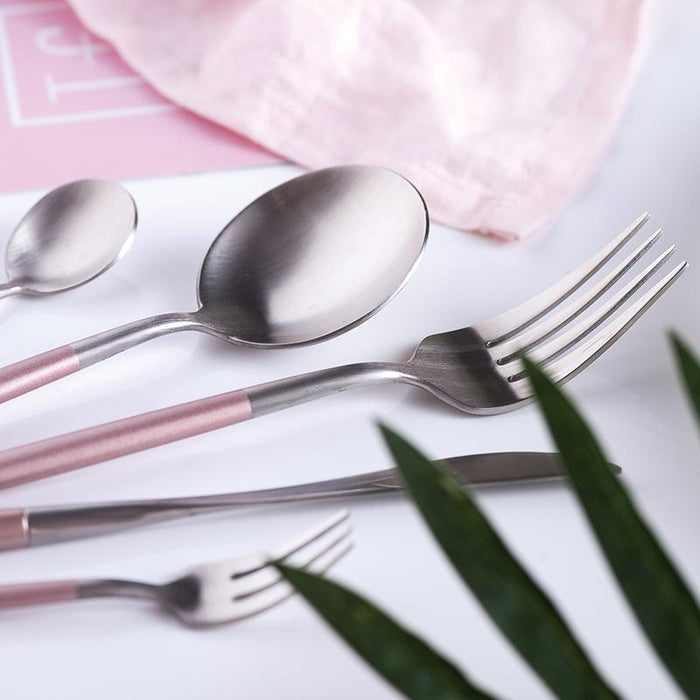 Silver and Pink 24-Piece Dinnerware Cutlery Set | Flatware Sets | Metallic Cutlery Sets | Mint And Gold Cutlery | Stylish Cutlery | Modern Flatware | Elegant Flatware | Estilo Living