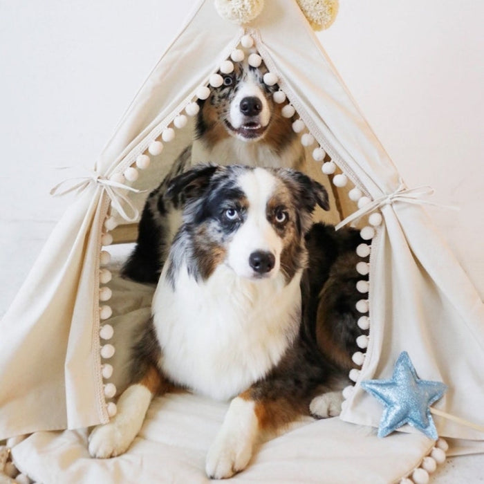 Ivory Boho Pompom Dog Teepee for Small to Large Dogs | Boho Dog Teepees | Boho Dog Beds | Large Dog Beds | Large Dog Teepees | Estilo Living