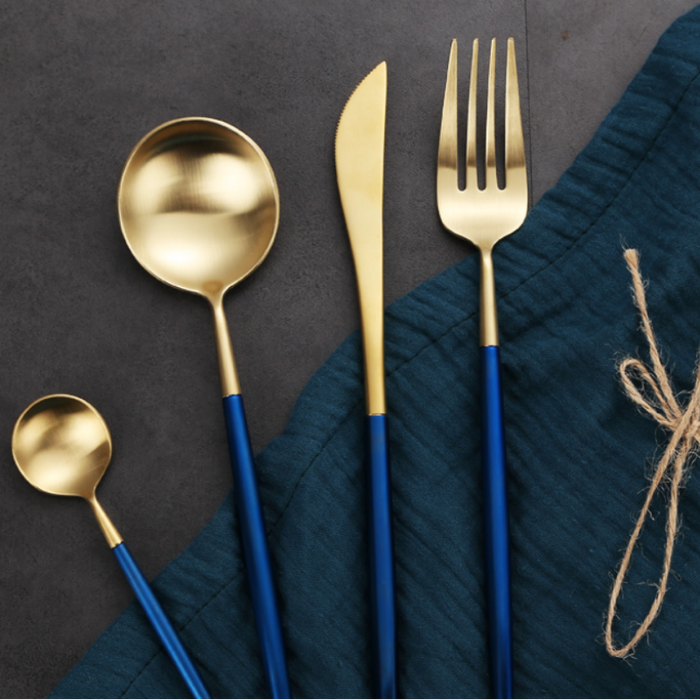 Gold and Blue 24-Piece Dinnerware Cutlery Set | Flatware Sets | Metallic Cutlery Sets | Gold and Blue Cutlery | Stylish Cutlery | Modern Flatware | Elegant Flatware | Estilo Living