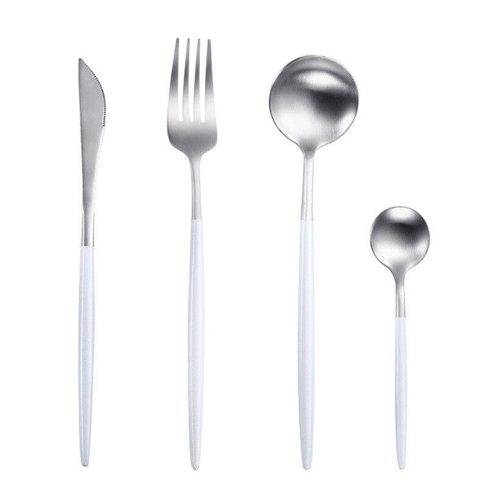Silver and White 24-Piece Dinnerware Cutlery Set | Flatware Sets | Metallic Cutlery Sets | Silver And White Cutlery | Stylish Cutlery | Modern Flatware | Elegant Flatware | Estilo Living