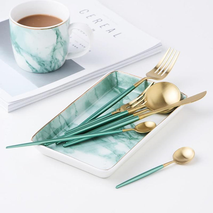 Gold and Turquoise 4-Piece Dinnerware Cutlery Set | Flatware Sets | Metallic Cutlery Sets | Mint And Gold Cutlery | Stylish Cutlery | Modern Flatware | Elegant Flatware | Estilo Living
