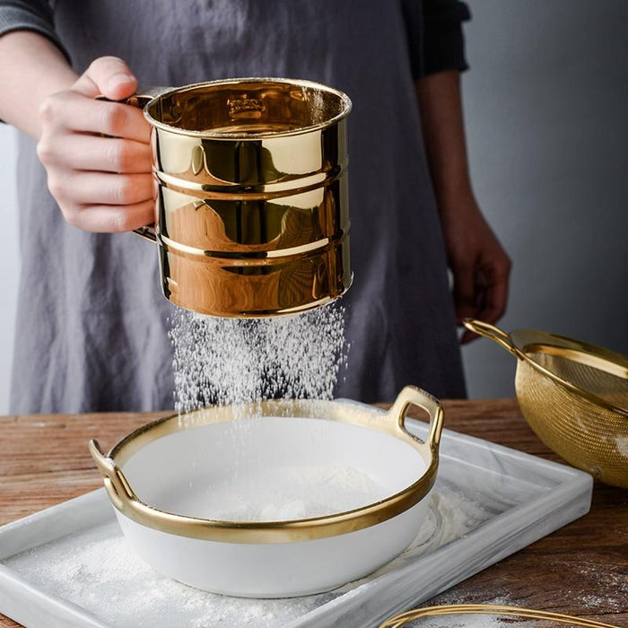Golden Stainless Steel Flour Sifting Cup | Kitchen Bakeware | Baking Tools | Pastry Tools | Flour Sifting Cup | Sifting Flour Cup | Sieve for Flour | Flour Sifter Cup | Flour Sifted | Icing Sugar Shaker | Shaker for Powdered Sugar | Powdered Sugar Shaker | Flour Sifte | Buy Flour Sifters Online Now at Estilo Living