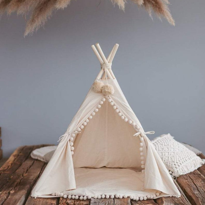 Ivory Boho Pompom Dog Teepee for Small to Large Dogs | Boho Dog Teepees | Boho Dog Beds | Large Dog Beds | Large Dog Teepees | Estilo Living