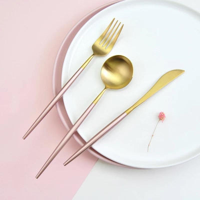 Matte Pink and Gold 4-Piece Flatware Cutlery Set | Gold Cutlery | Pink Cutlery | Wedding Cutlery | Girly Cutlery | Pretty Cutlery | Styled Table | Estilo Living