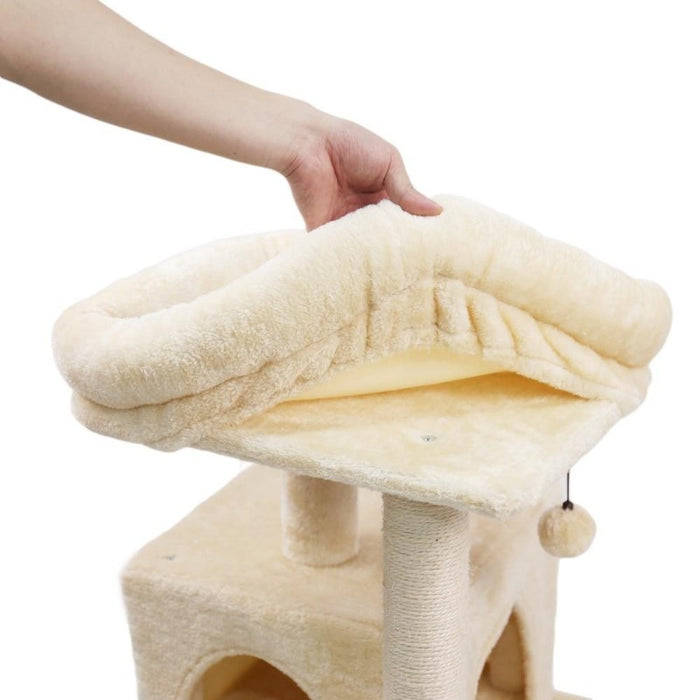 Demonstration of the removable cat bed cover on the Cat Condo Climbing Cat Tree with Scratching Posts in Beige color from Estilo Living, Buy Cat Climbing Tree with Cat Scratching Post Online Now!