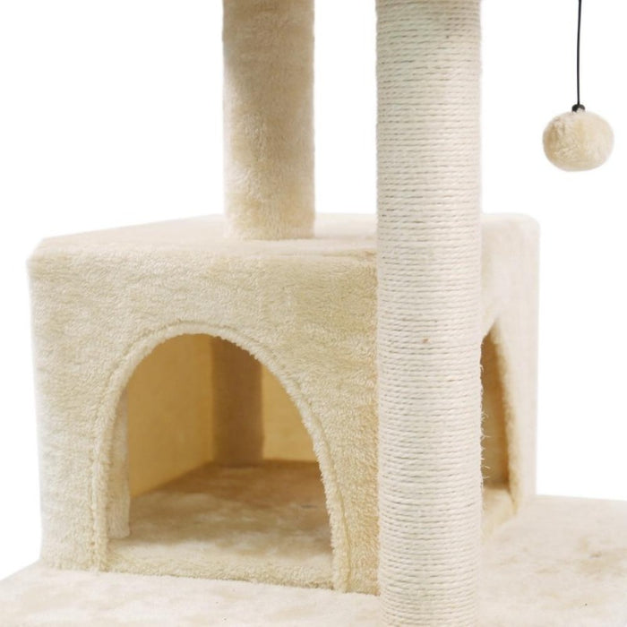 Closeup image of the scratching post, kitty condo, and hanging ball cat toy on the Cat Condo Climbing Cat Tree with Scratching Posts in Beige color from Estilo Living, Buy Cat Climbing Tree with Cat Scratching Post Online Now!