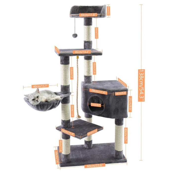 Visual sizing guide showing the size dimensions for the Gray colored Cat Nest Tower Climbing Tree with Scratching Posts, Buy Cat Tree with Scratching Posts Online Now from Estilo Living