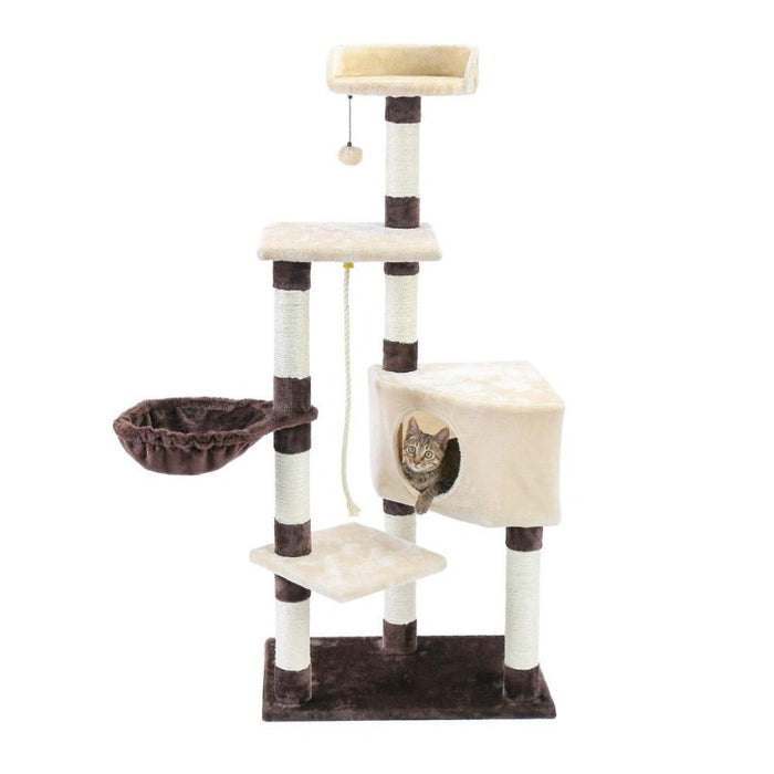 Cute cat inside the corner cat condo of the Cat Nest Tower Climbing Cat Tree with Scratching Posts in Beige & Brown color, Buy Cat Tree with Scratching Posts Online Now from Estilo Living