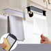 Two of the Lindsay Towel Rack & Paper Towel Holders with tea towel and sandwich bag roll hanging, from Estilo Living