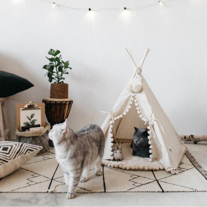 Ivory Boho Pompom Cat Teepee | Cat Tents | Boho Cat Teepees | Boho Cat Beds | Stylish Cat Teepees | Estilo Living