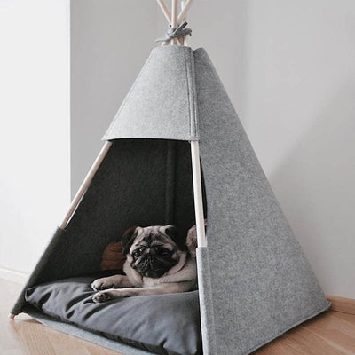 Easy Clean Gray Felt Dog Teepee with Plush Dog Bed