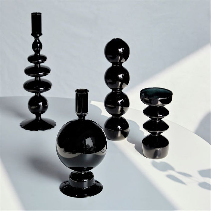 Midnight Black Glass Taper Candle Holder & Vase Collection | Home Decor | Black Glass Candle Holders | Decor Feature Pieces | Decorative Ornaments | Black Colored Glass | Black Vases | Glass Decor | Estilo Living