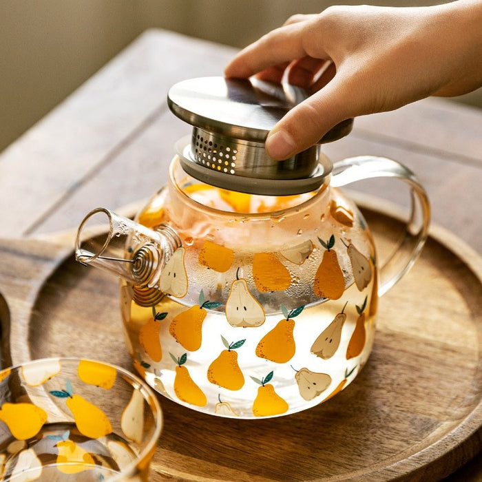 Pear Fields Borosilicate Glass Teapot Set | Teaware | Glass Teapots with Stainless Steel Infusers | Pear Teapot | Pear Glassware | Glass Kettle | Stovetop Kettle | Estilo Living