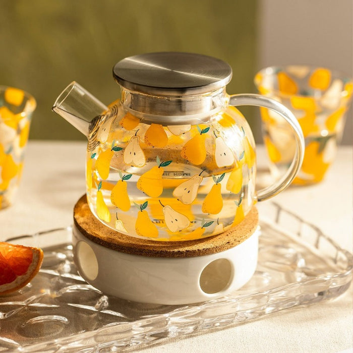 Pear Fields Borosilicate Glass Teapot Set | Teaware | Glass Teapots with Stainless Steel Infusers | Pear Teapot | Pear Glassware | Glass Kettle | Stovetop Kettle | Estilo Living
