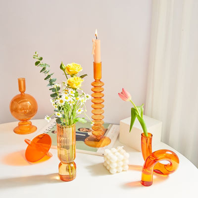 Orange Amber Glass Taper Candle Holder & Vase Collection | Home Decor | Orange Glass Candle Holders | Decor Feature Pieces | Decorative Ornaments | Amber Colored Glass | Estilo Living