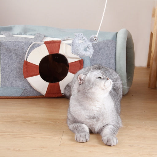 Ships Ahoy Cat Tunnel with Cat Scratch Pad | Cat Toys | Cat Entertainment | Collapsible Cat Tunnel | Cute Cat Tunnels | Boat Cat Tunnel | Stylish Cat Tunnel | Fun Cat Tunnel | Adventure Cat Tunnels | Estilo Living  