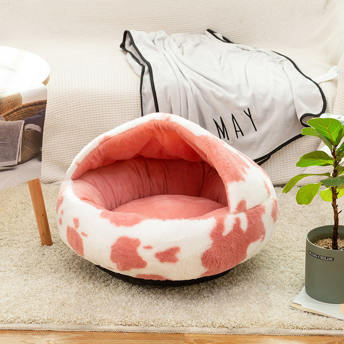 Cow Patch Round Plush Calming Dog Cave Bed | Dog Beds | Pet Beds | Round Dog Beds | Plush Dog Beds | Dog Nests | Dog Caves | Dog Cushion Beds | Estilo Living