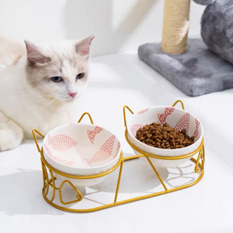 Cute Tilted Ceramic Dual Cat Bowl with Stand Buy Estilo Living