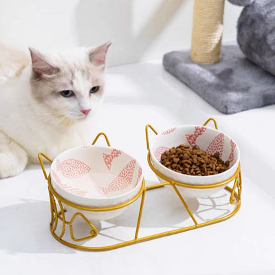 Cute Tilted Ceramic Dual Cat Bowl with Stand | Cat Bowls | Dog Bowls | Pet Bowls | Dog Feeder | Cat Feeder | Transparent Pet Bowls | Estilo Living