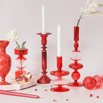 Christmas Red Glass Taper Candle Holders & Vases | Home Decor | Red Glass Candle Holders | Decor Feature Pieces | Decorative Ornaments | Red Colored Glass | Estilo Living