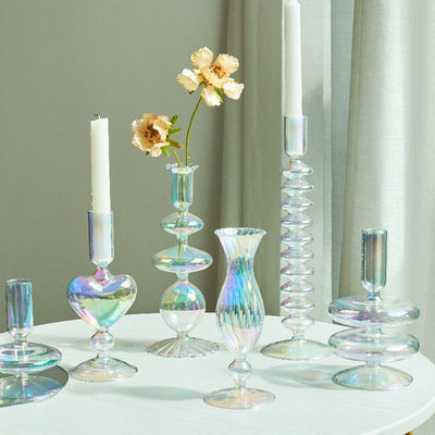 Clear Iridescent Rainbow Glass Taper Candle Holders & Vases | Home Decor | Rainbow Glass Candle Holders | Decor Feature Pieces | Decorative Ornaments | Rainbow Colored Glass | Rainbow Vases | Glass Decor | Estilo Living