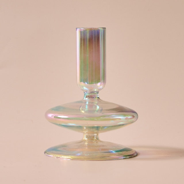 Clear Iridescent Rainbow Glass Taper Candle Holders & Vases
