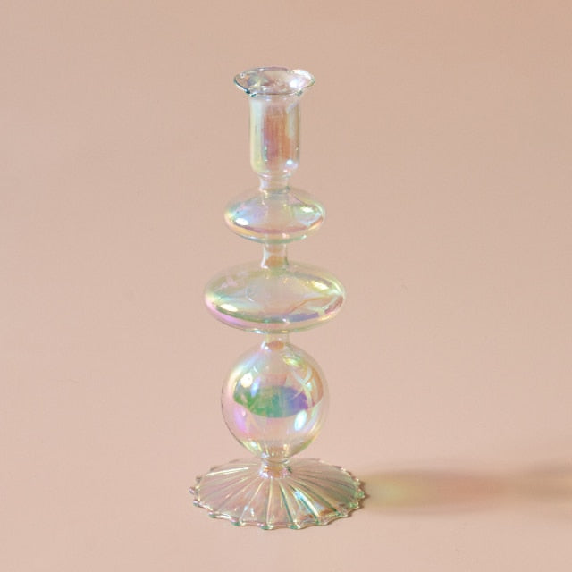 Clear Iridescent Rainbow Glass Taper Candle Holders & Vases